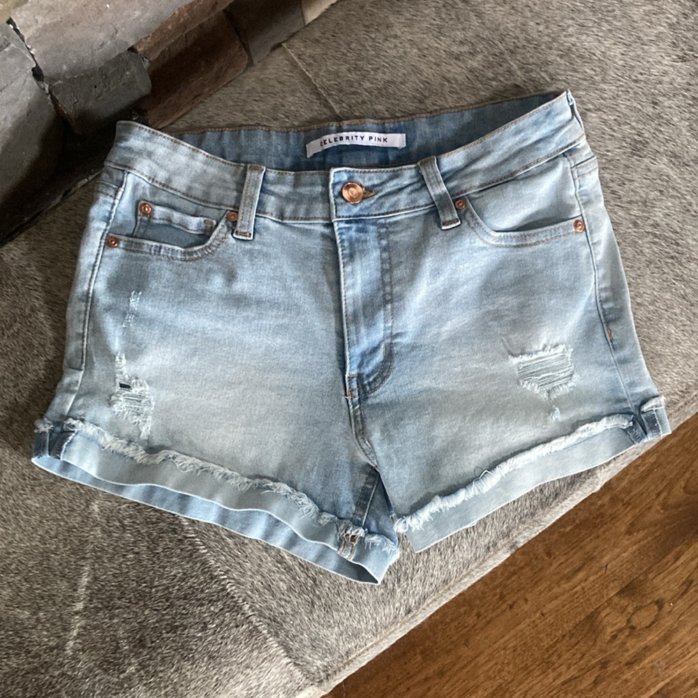 Celebrity Pink Cuffed Light Wash Jean Shorts Mid Rise